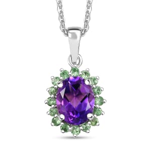 Premium Moroccan Amethyst, Tsavorite Garnet 2.30 ctw Pendant Necklace in Rhodium Over Sterling Silver 20 Inches