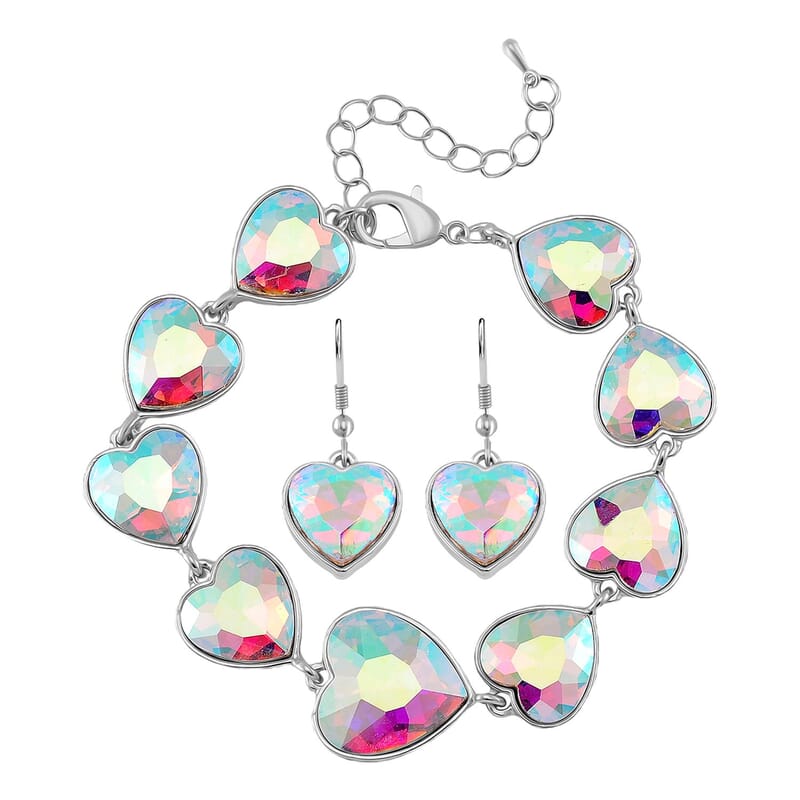 Simulated Mystic White Crystal Bracelet and Earrings in Silvertone
