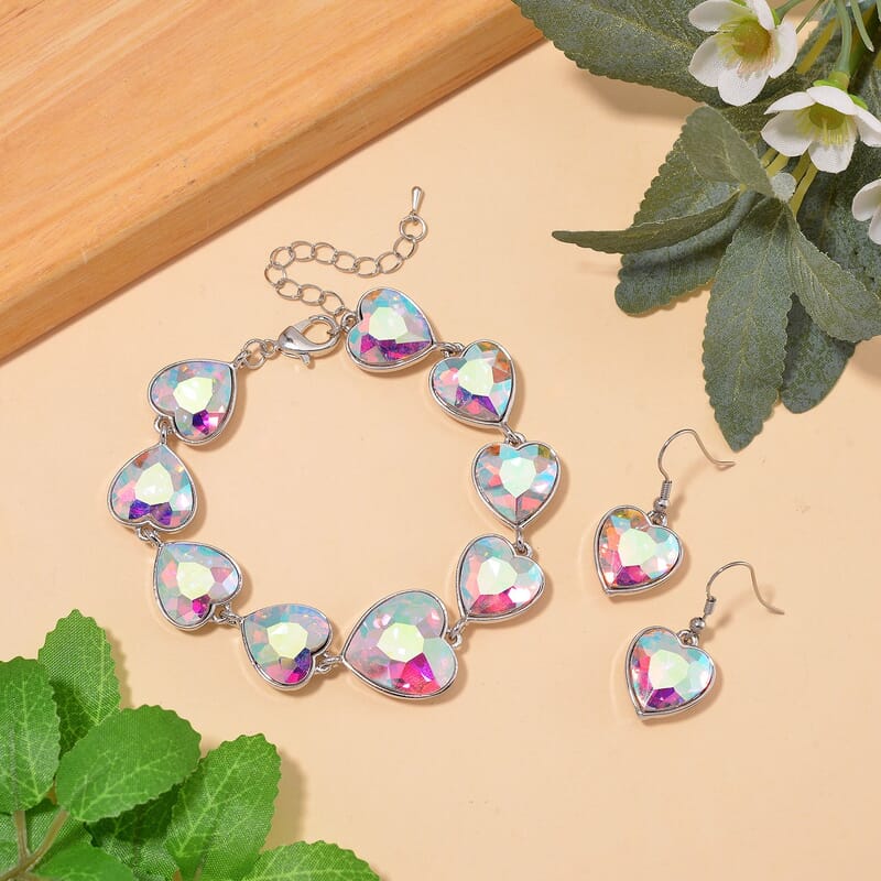 Simulated Mystic White Crystal Bracelet and Earrings in Silvertone