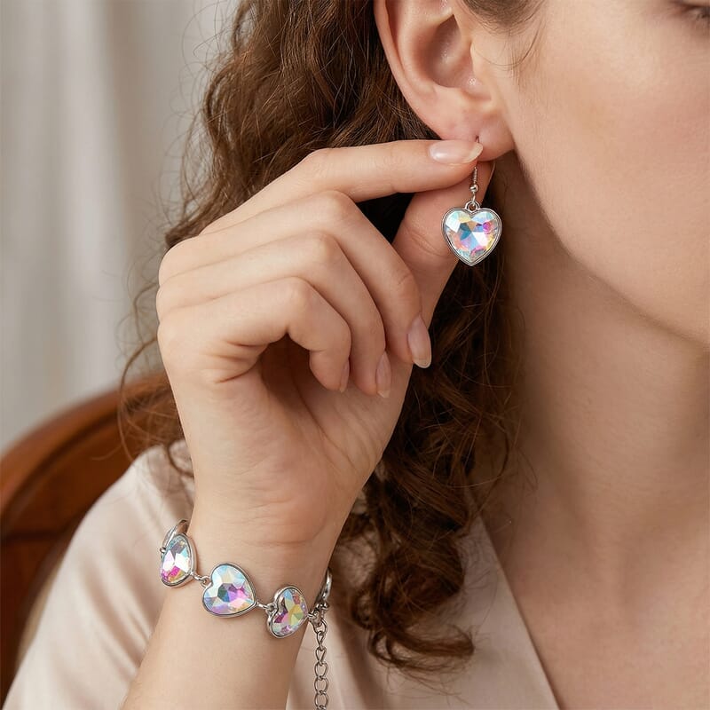 Simulated Mystic White Crystal Bracelet and Earrings in Silvertone