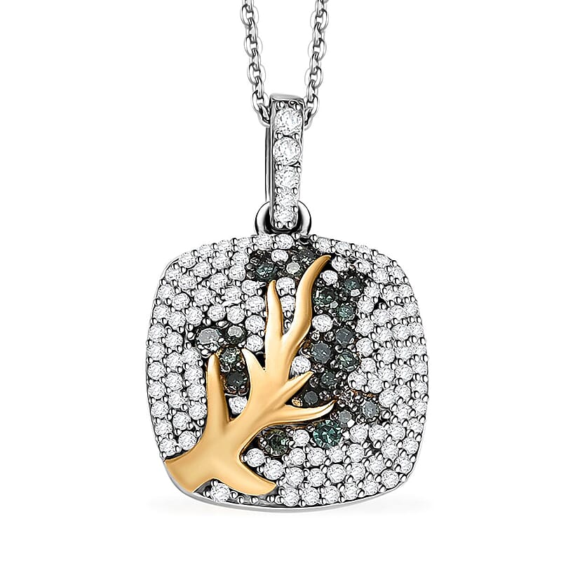 GP Italian Garden Collection White and Green Diamond 0.70 ctw Tree of Life Pendant Necklace in Vermeil YG and Rhodium Over Sterling Silver 20 Inches