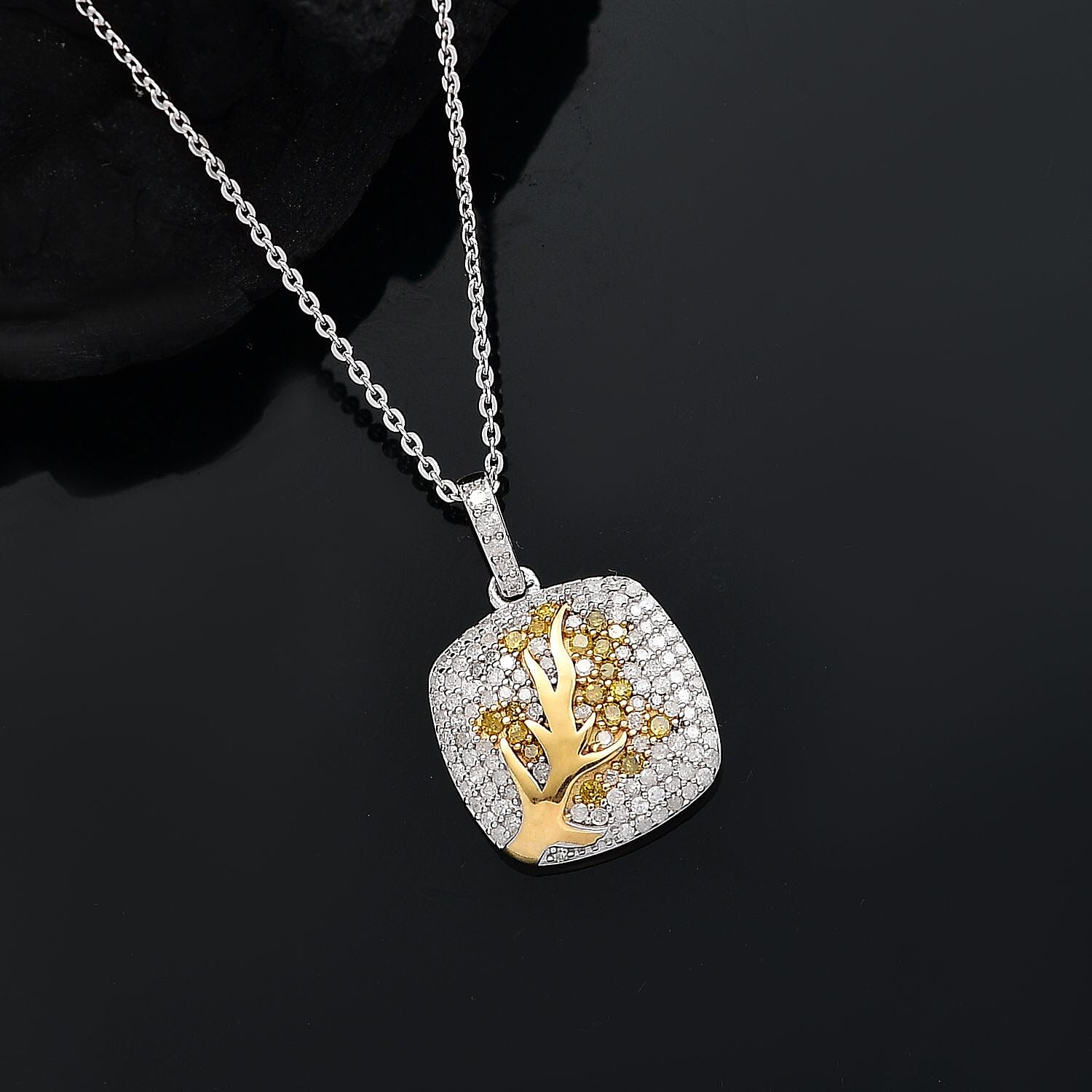 GP Italian Garden Collection White and Yellow Diamond  0.70 ctw Tree of Life Pendant Necklace in Vermeil YG and Rhodium Over Sterling Silver 20 Inches