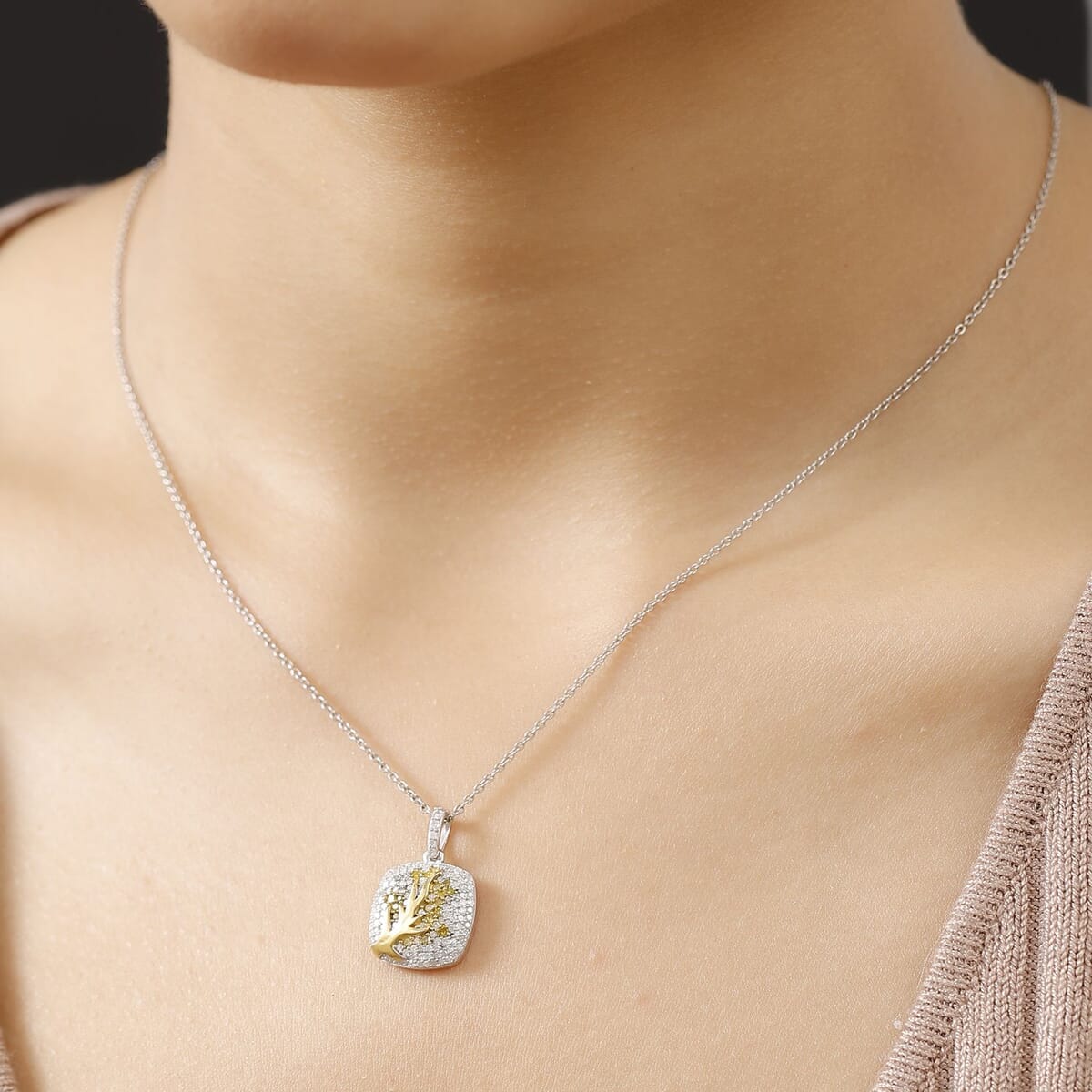 GP Italian Garden Collection White and Yellow Diamond  0.70 ctw Tree of Life Pendant Necklace in Vermeil YG and Rhodium Over Sterling Silver 20 Inches image number 2