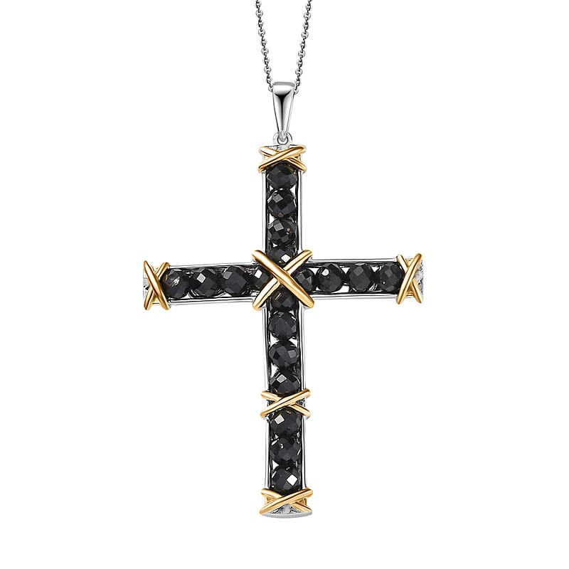 Karis Thai Black Spinel Cross Pendant in 18K YG Plated and Platinum Bond with Stainless Steel Necklace (20 inches) 11.40 ctw