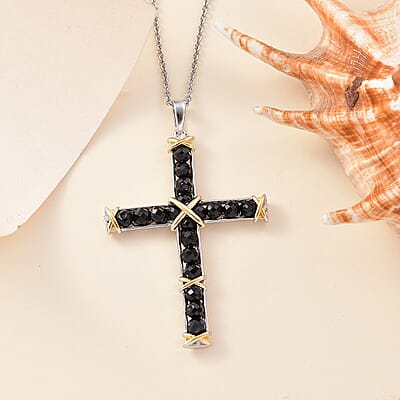 Karis Thai Black Spinel Cross Pendant in 18K YG Plated and Platinum Bond with Stainless Steel Necklace (20 inches) 11.40 ctw