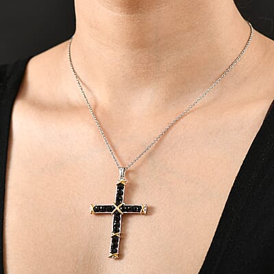 Karis Thai Black Spinel Cross Pendant in 18K YG Plated and Platinum Bond with Stainless Steel Necklace (20 inches) 11.40 ctw