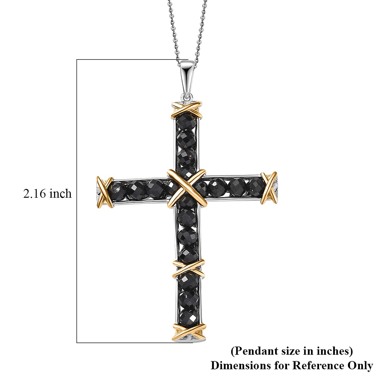 Karis Thai Black Spinel Cross Pendant in 18K YG Plated and Platinum Bond with Stainless Steel Necklace (20 inches) 11.40 ctw