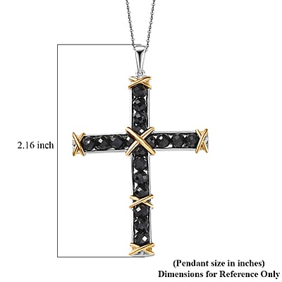 Karis Thai Black Spinel Cross Pendant in 18K YG Plated and Platinum Bond with Stainless Steel Necklace (20 inches) 11.40 ctw
