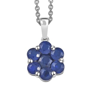 Tanzanian Blue Spinel (DF) 2.10 ctw Floral Pendant Necklace in Rhodium Over Sterling Silver 20 Inches