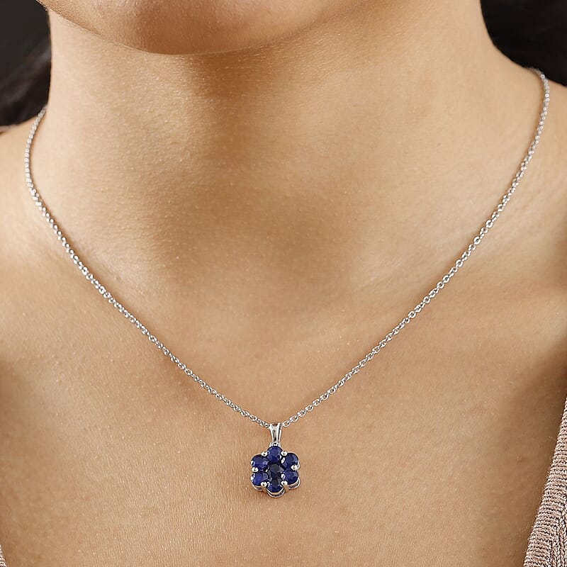 Tanzanian Blue Spinel (DF) 2.10 ctw Floral Pendant Necklace in Rhodium Over Sterling Silver 20 Inches