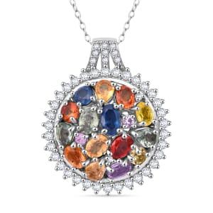 Multi Sapphire and White Zircon 4.10 ctw Sunburst Elegance Pendant Necklace in Rhodium Over Sterling Silver 20 Inches