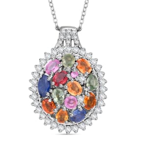 Multi Sapphire and White Zircon 3.65 ctw Sunburst Elegance Pendant Necklace in Rhodium Over Sterling Silver 20 Inches