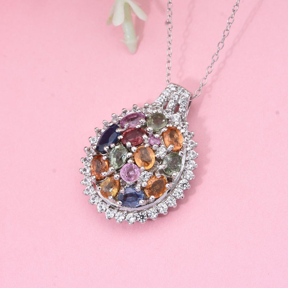 Multi Sapphire and White Zircon 3.65 ctw Sunburst Elegance Pendant Necklace in Rhodium Over Sterling Silver 20 Inches image number 1