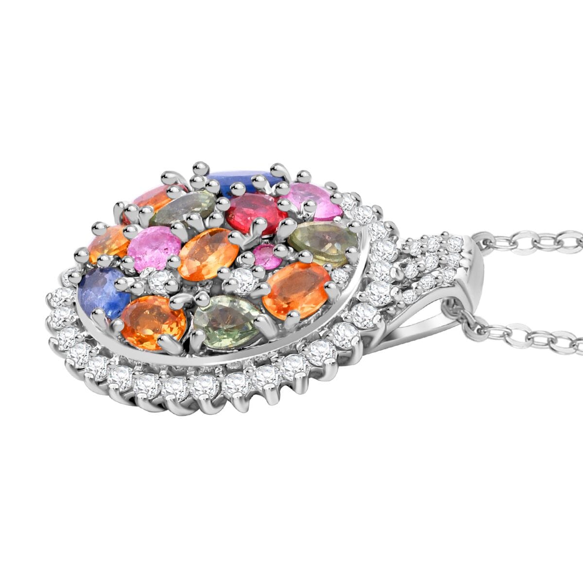 Multi Sapphire and White Zircon 3.65 ctw Sunburst Elegance Pendant Necklace in Rhodium Over Sterling Silver 20 Inches image number 3