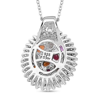 Multi Sapphire and White Zircon 3.65 ctw Sunburst Elegance Pendant Necklace in Rhodium Over Sterling Silver 20 Inches