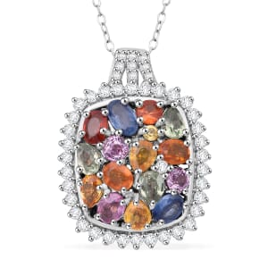 Multi Sapphire and White Zircon 4.00 ctw Sunburst Elegance Pendant Necklace in Rhodium Over Sterling Silver 20 Inches