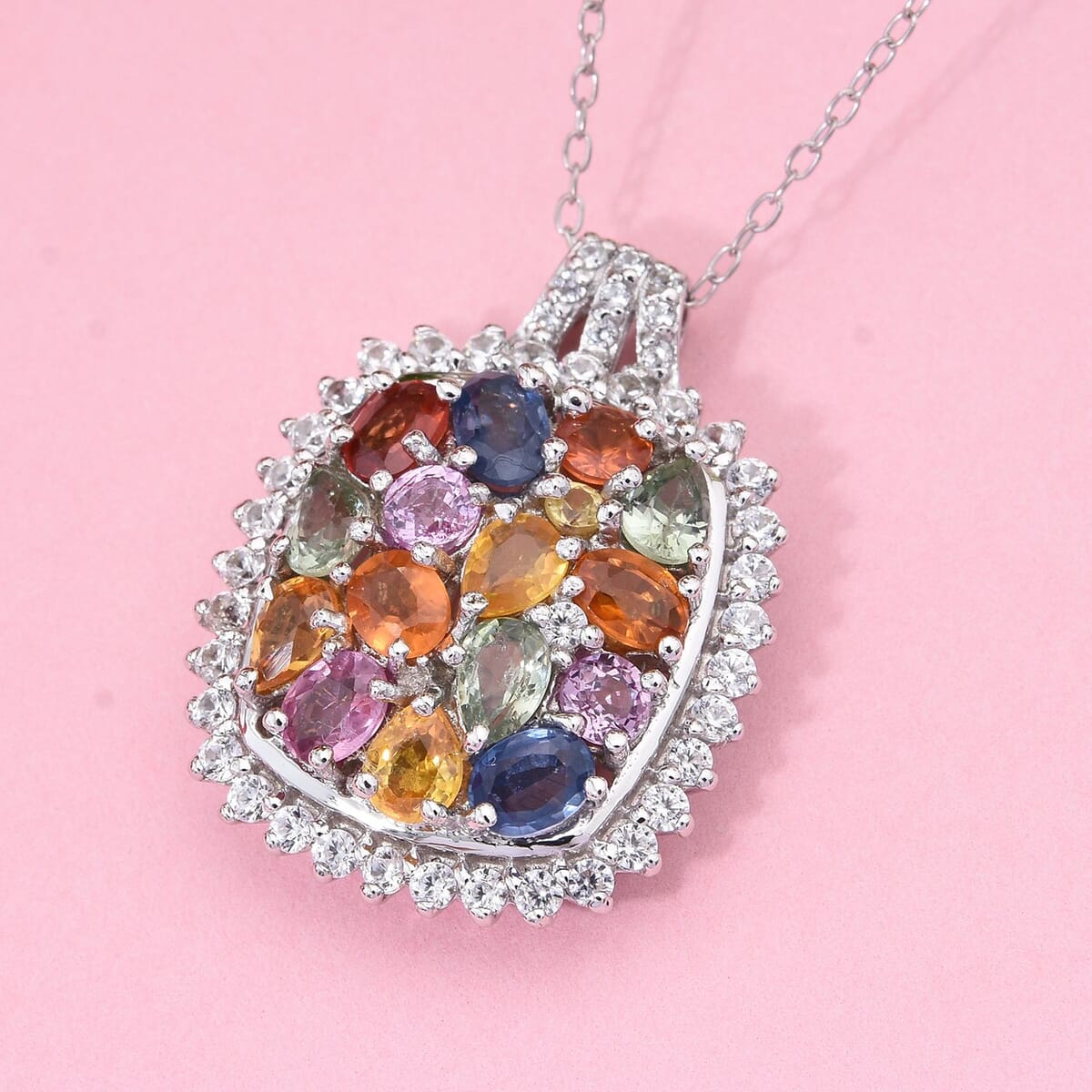 Multi Sapphire and White Zircon 4.00 ctw Sunburst Elegance Pendant Necklace in Rhodium Over Sterling Silver 20 Inches image number 1