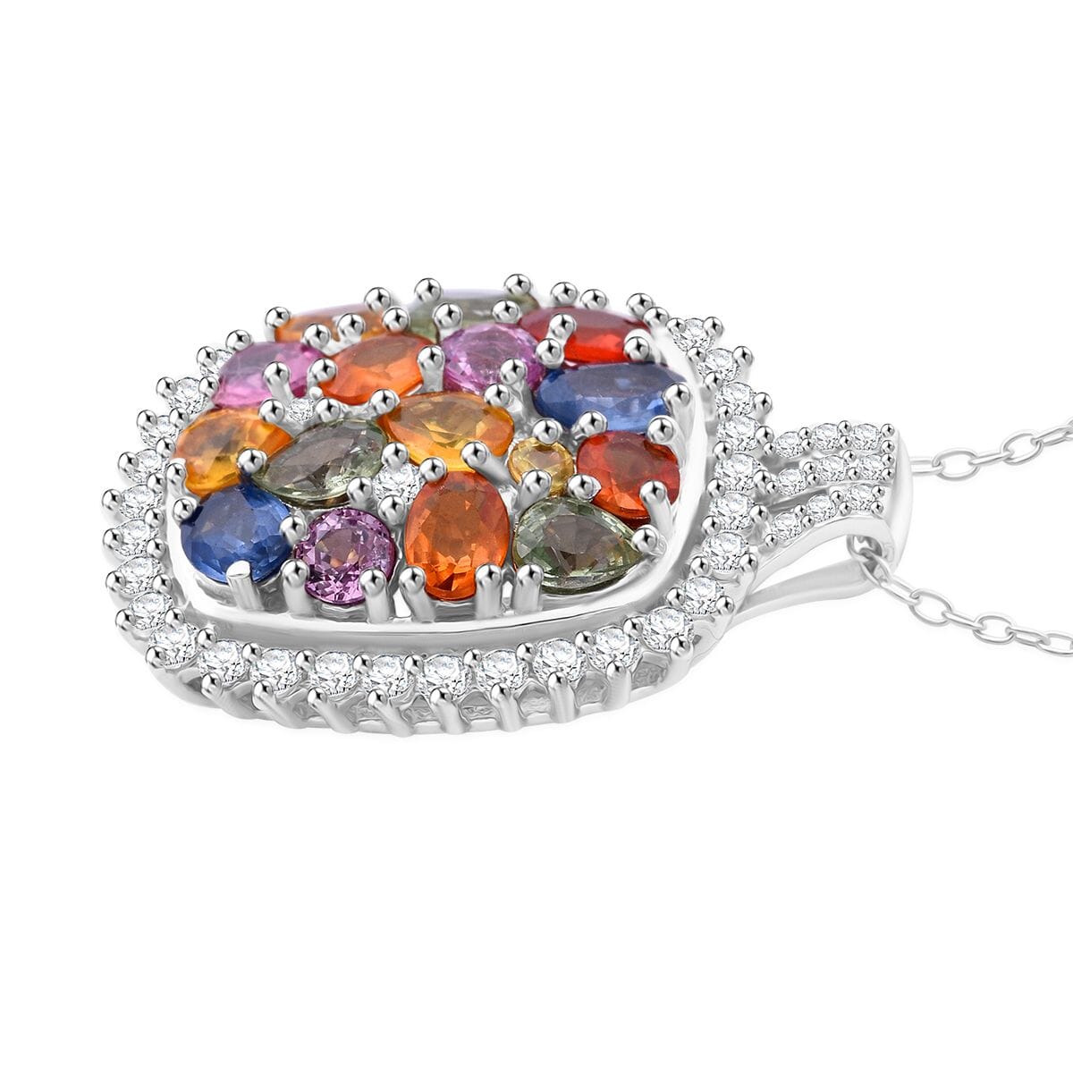 Multi Sapphire and White Zircon 4.00 ctw Sunburst Elegance Pendant Necklace in Rhodium Over Sterling Silver 20 Inches image number 3