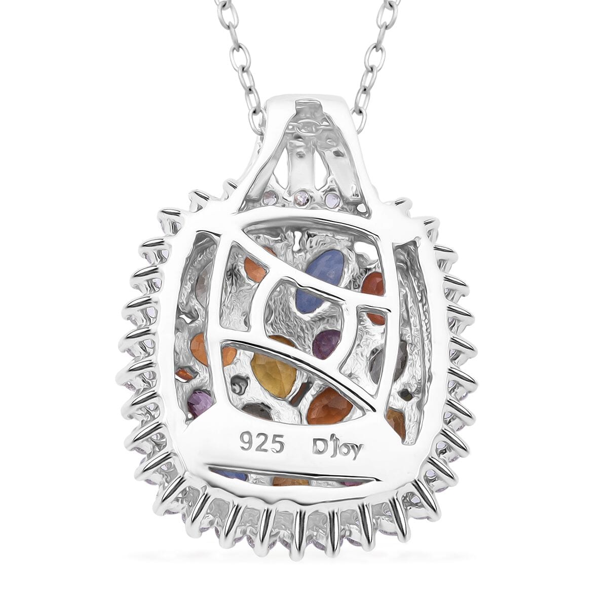 Multi Sapphire and White Zircon 4.00 ctw Sunburst Elegance Pendant Necklace in Rhodium Over Sterling Silver 20 Inches image number 4