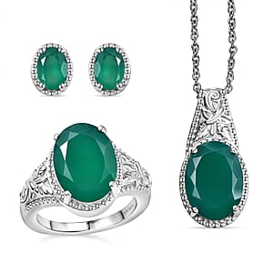 Karis Verde Onyx Floral Stud Earrings, Ring (Size 6.0) and Pendant in Platinum Bond with Stainless Steel Necklace (20 Inches) 11.80 ctw