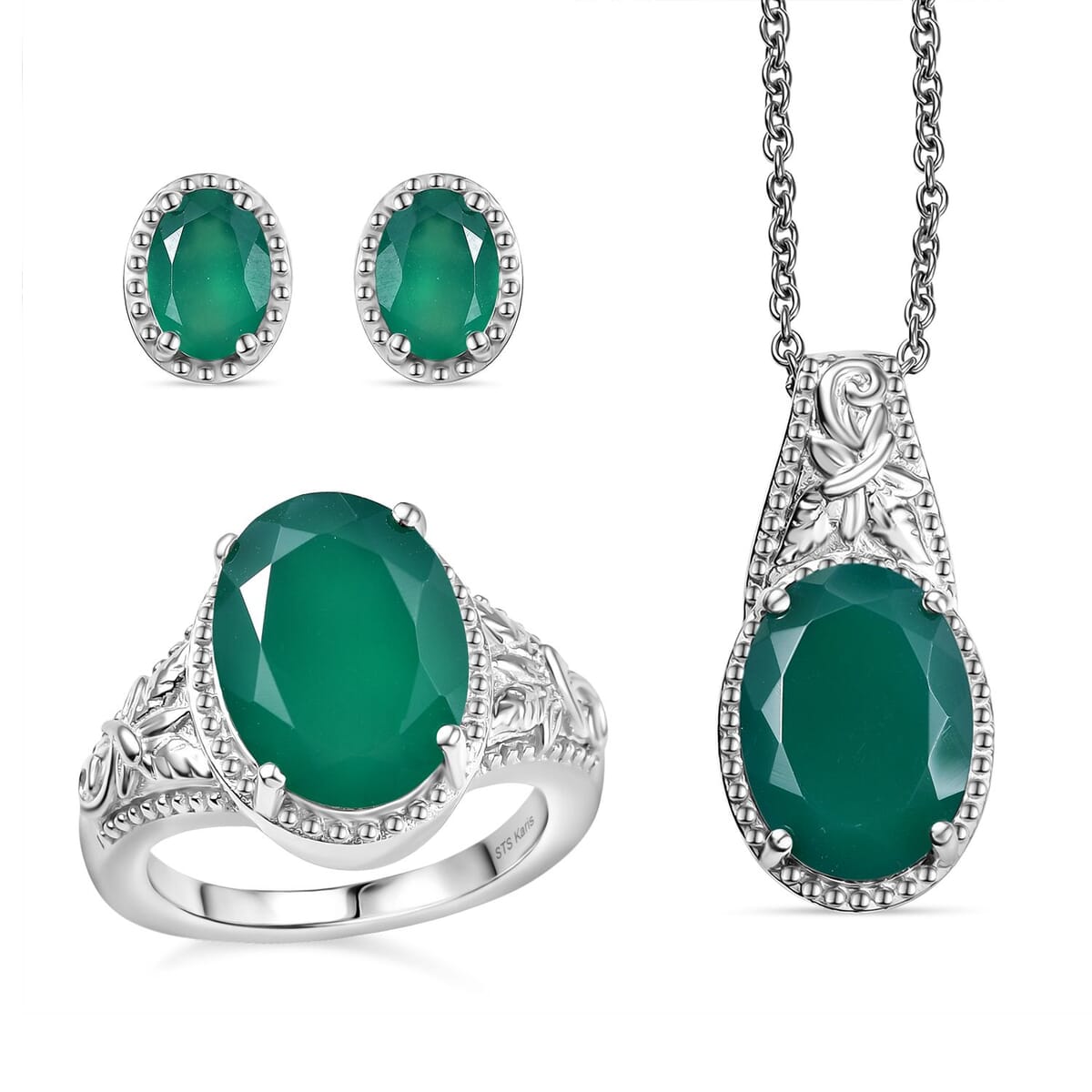 Set of 3 Karis Verde Onyx Earring, Ring (Size 10.0), Pendant in Platinum Bond with Stainless Steel Necklace (20 Inches) 12.20 ctw image number 0