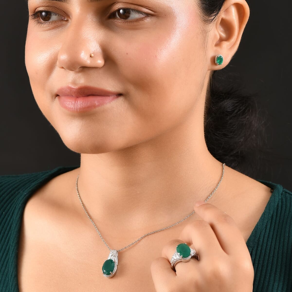 Set of 3 Karis Verde Onyx Earring, Ring (Size 10.0), Pendant in Platinum Bond with Stainless Steel Necklace (20 Inches) 12.20 ctw image number 2