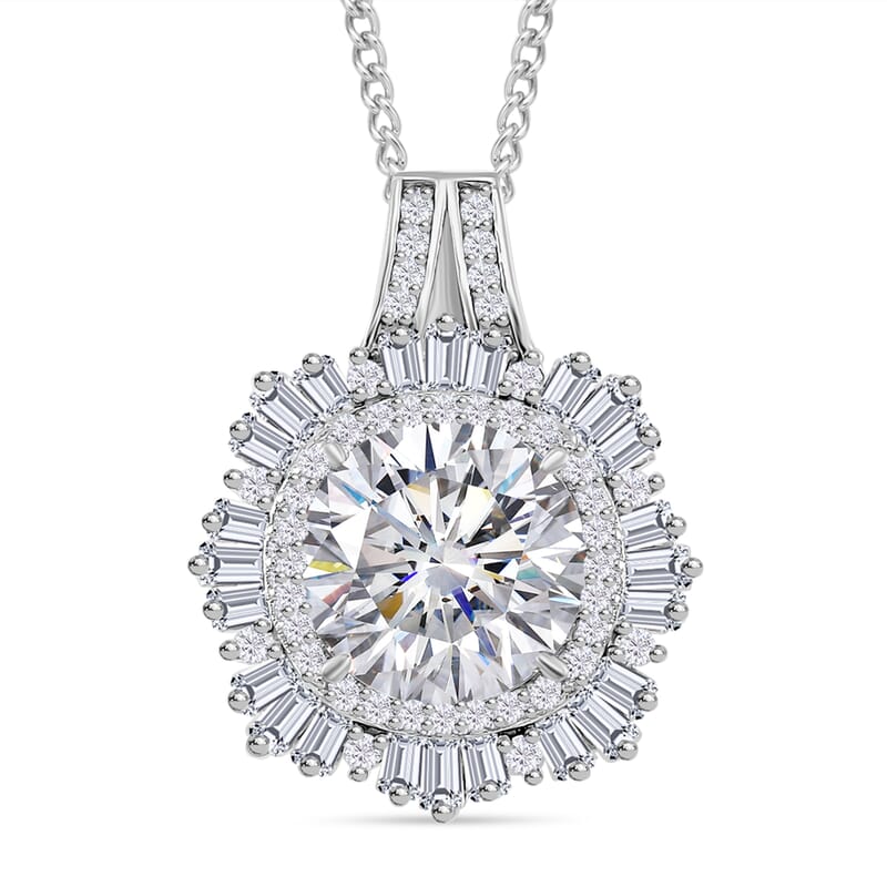 D'Joy Heart and Arrow Cut Moissanite 4.40 ctw Art Deco Pendant Necklace in Rhodium Over Sterling Silver 18 Inches