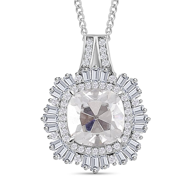 D'Joy Old Mine Cut Moissanite 4.15 ctw Art Deco Pendant Necklace in Rhodium Over Sterling Silver 18 Inches