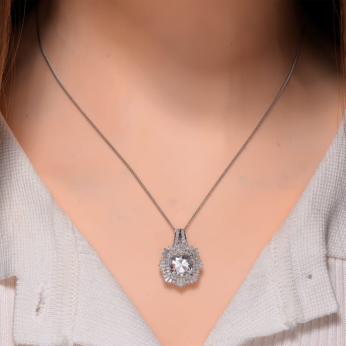 Old Mine Cut Moissanite 4.15 ctw Pendant Necklace in Rhodium Over Sterling Silver 18 Inches image number 1