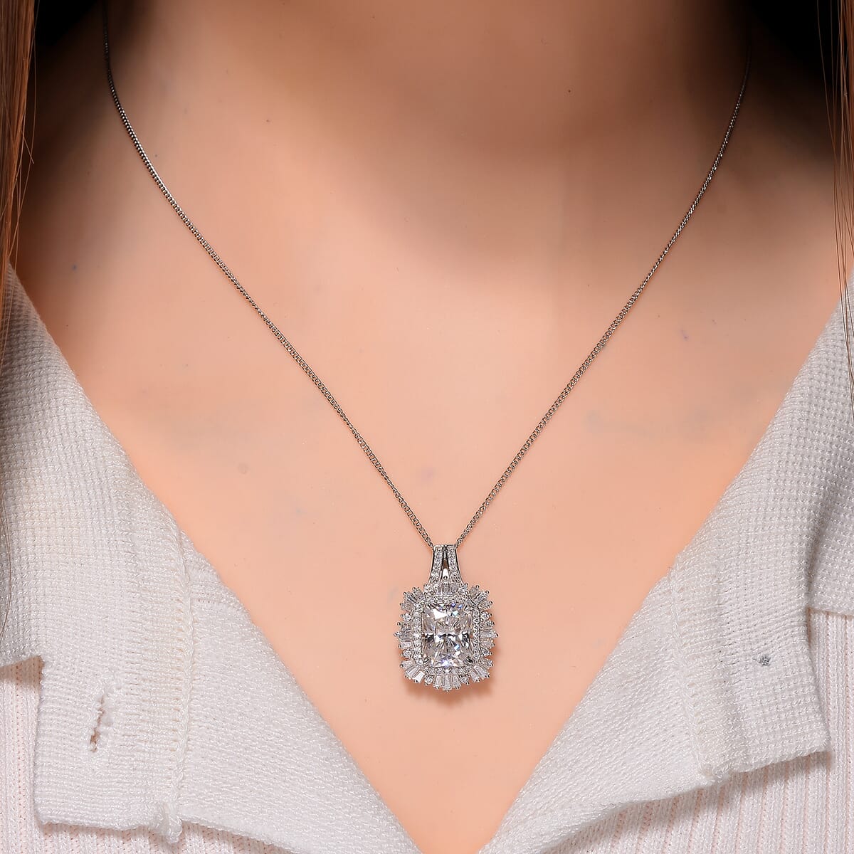 Radiant Cut Moissanite 4.15 ctw Pendant Necklace in Rhodium Over Sterling Silver 18 Inches image number 1