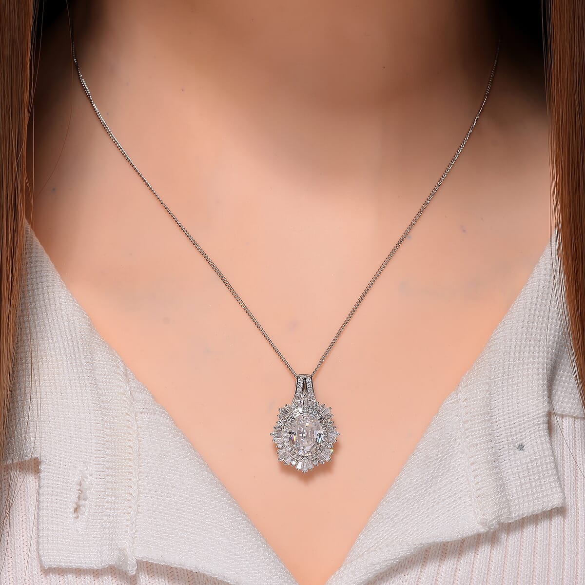 D'Joy Step Cut Moissanite 4.35 ctw Art Deco Pendant Necklace in Rhodium Over Sterling Silver 18 Inches image number 1