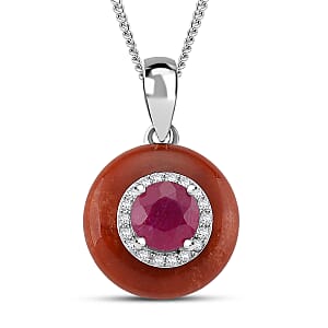 D'Joy Red Jade, Multi Gemstone Pendant Necklace in Rhodium Over Sterling Silver 7.00 ctw (18 Inches)