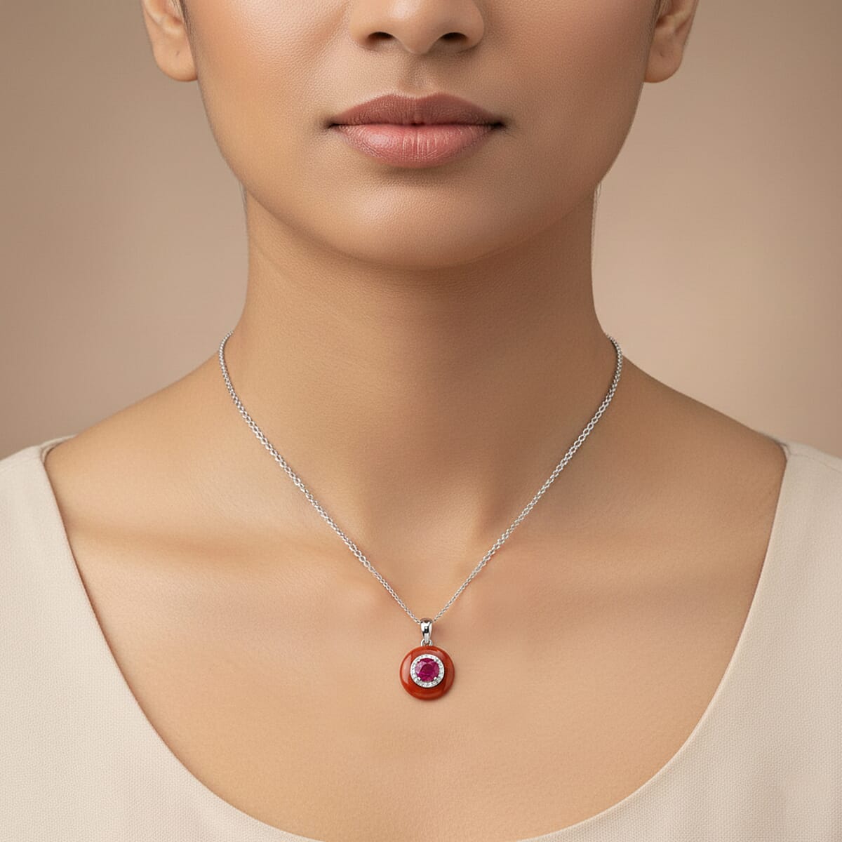 D'Joy Red Jade, Multi Gemstone Pendant Necklace in Rhodium Over Sterling Silver 7.00 ctw (18 Inches) image number 2