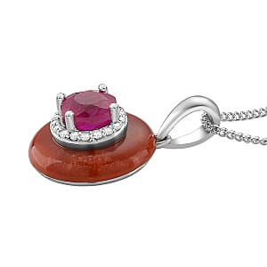 D'Joy Red Jade, Multi Gemstone Pendant Necklace in Rhodium Over Sterling Silver 7.00 ctw (18 Inches)
