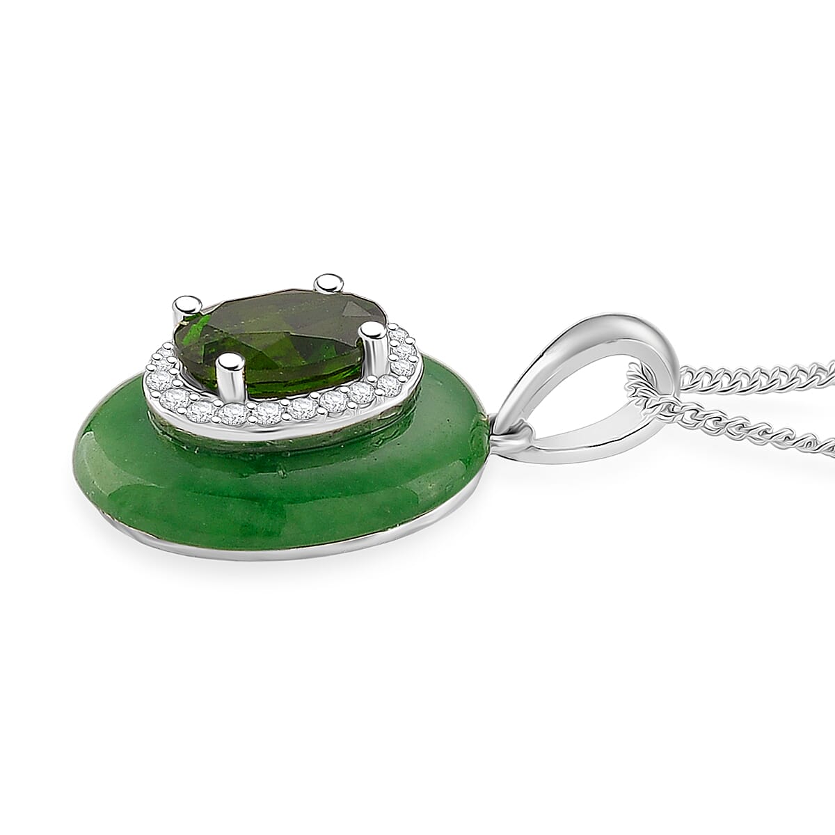 D'Joy Green Jade(D), Multi Gemstone Victorian Era Pendant Necklace in Rhodium Over Sterling Silver 9.25 ctw (18 Inches) image number 3