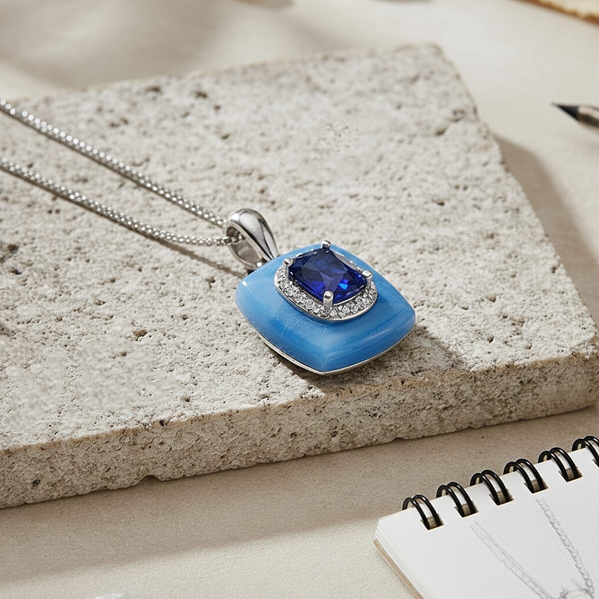 D'Joy Blue Jade(D), Multi Gemstone Victorian Era Pendant Necklace in Rhodium Over Sterling Silver 9.40 ctw (18 Inches) image number 1