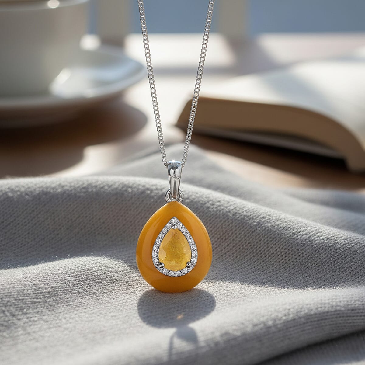 D'Joy Yellow Jade (D) and Multi Gemstone 9.65 ctw Victorian Era Pendant Necklace in Rhodium Over Sterling Silver 18 Inches  image number 1