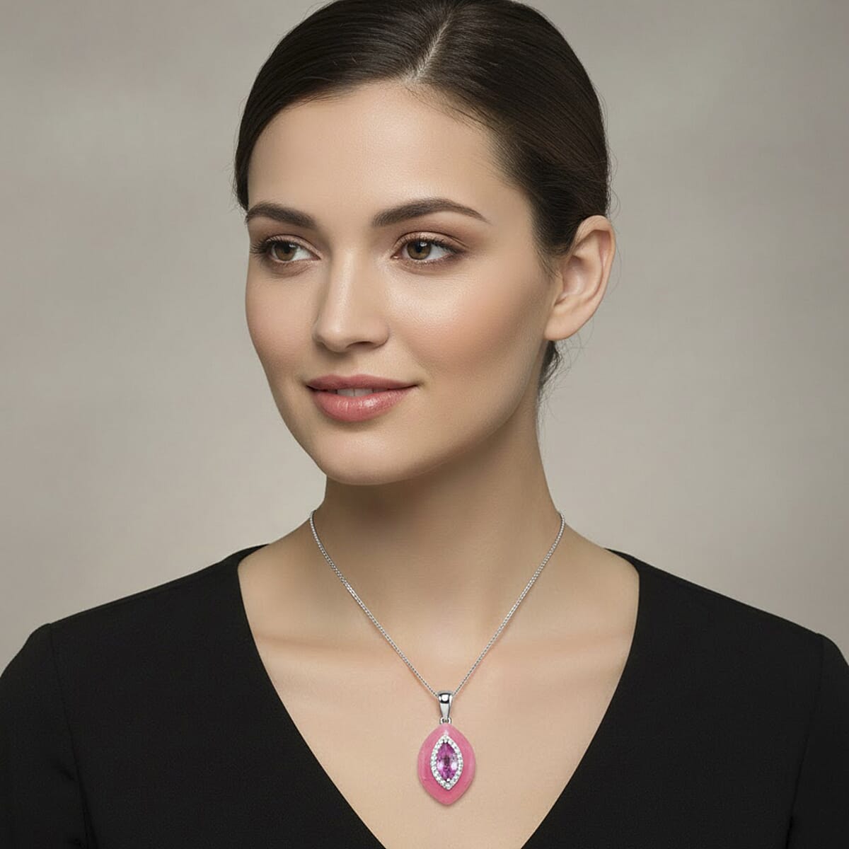 D'Joy Pink Jade, Multi Gemstone Victorian Era Pendant Necklace in Rhodium Over Sterling Silver 9.30 ctw (18 Inches) image number 2