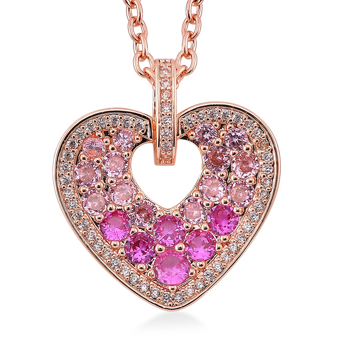 Simulated Pink and White Diamond Heart Pendant Necklace in Rosetone 20-22 Inches image number 0