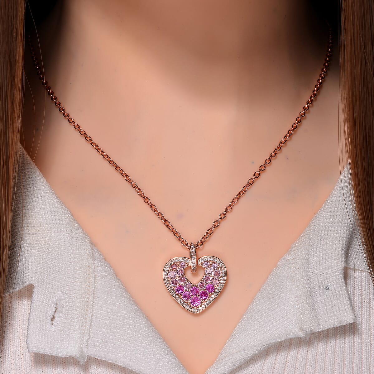 Simulated Pink and White Diamond Heart Pendant Necklace in Rosetone 20-22 Inches image number 1