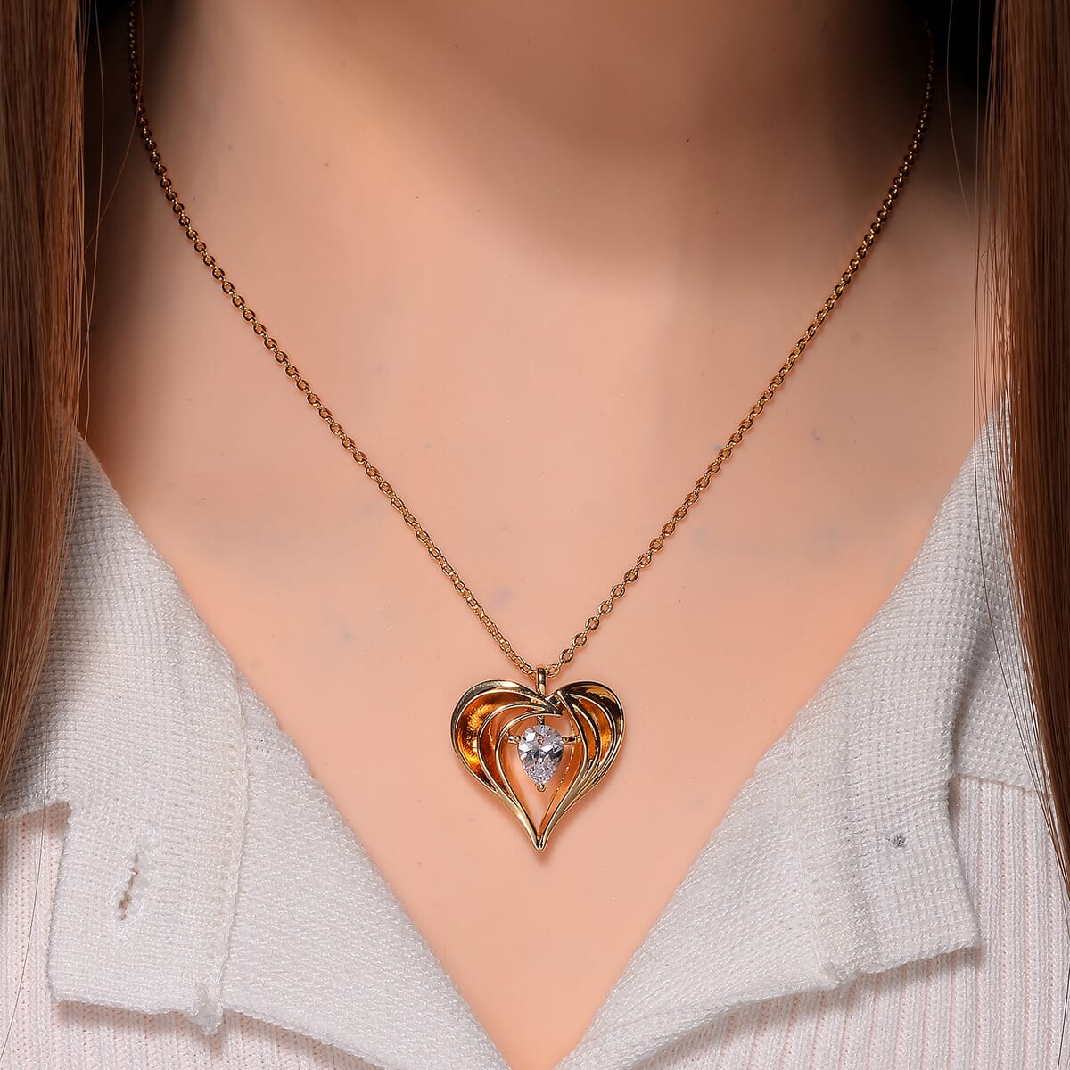 Simulated Diamond Heart Pendant Necklace in Goldtone 20-22 Inches image number 1