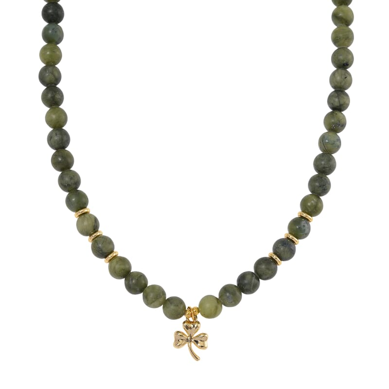 Connemara Marble 219.00 ctw Set of Beaded Necklace 18-20 Inches and Earrings with Clover Leaf Charm in ION Plated YG Stainless Steel