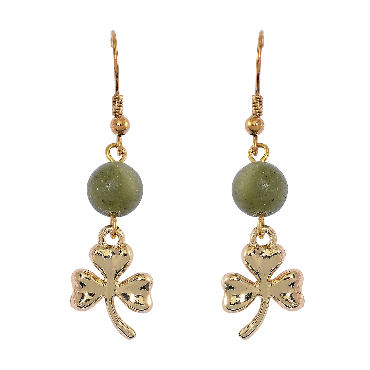 Connemara Marble 219.00 ctw Set of Beaded Necklace 18-20 Inches and Earrings with Clover Leaf Charm in ION Plated YG Stainless Steel