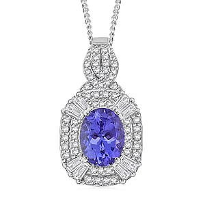 D'Joy Tanzanite and White Zircon 2.00 ctw Halo Pendant Necklace in Rhodium Over Sterling Silver 18 Inches