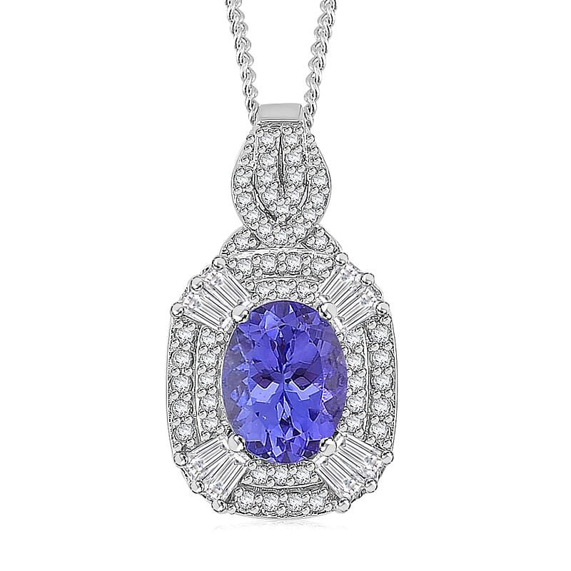 D'Joy Tanzanite and White Zircon 2.00 ctw Halo Pendant Necklace in Rhodium Over Sterling Silver 18 Inches