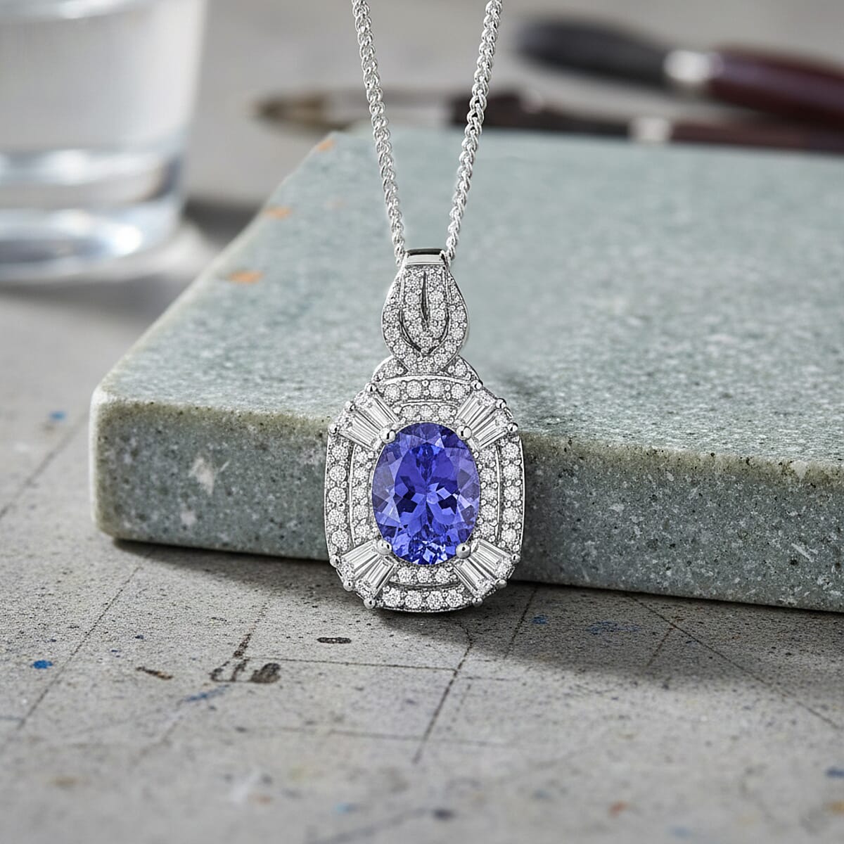 D'Joy Tanzanite and White Zircon 2.00 ctw Halo Pendant Necklace in Rhodium Over Sterling Silver 18 Inches image number 1