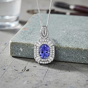 D'Joy Tanzanite and White Zircon 2.00 ctw Halo Pendant Necklace in Rhodium Over Sterling Silver 18 Inches