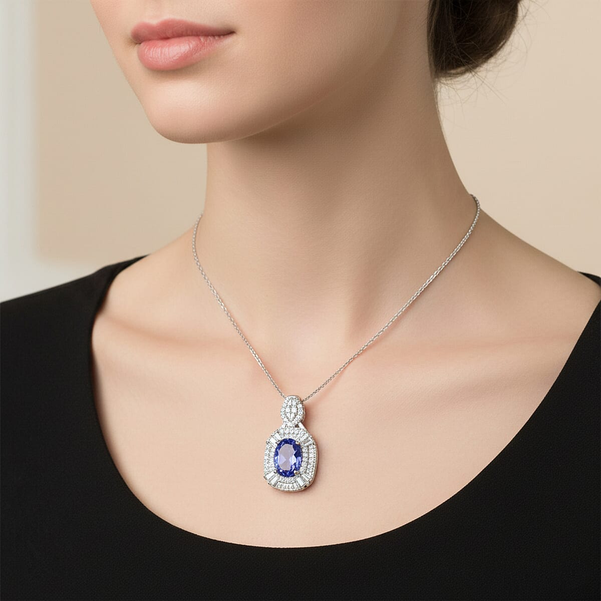 D'Joy Tanzanite and White Zircon 2.00 ctw Halo Pendant Necklace in Rhodium Over Sterling Silver 18 Inches image number 2