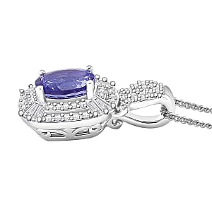 D'Joy Tanzanite and White Zircon 2.00 ctw Halo Pendant Necklace in Rhodium Over Sterling Silver 18 Inches