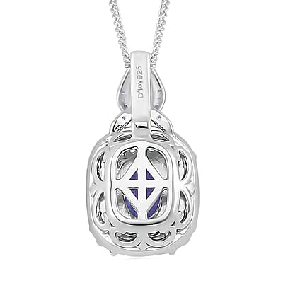 D'Joy Tanzanite and White Zircon 2.00 ctw Halo Pendant Necklace in Rhodium Over Sterling Silver 18 Inches